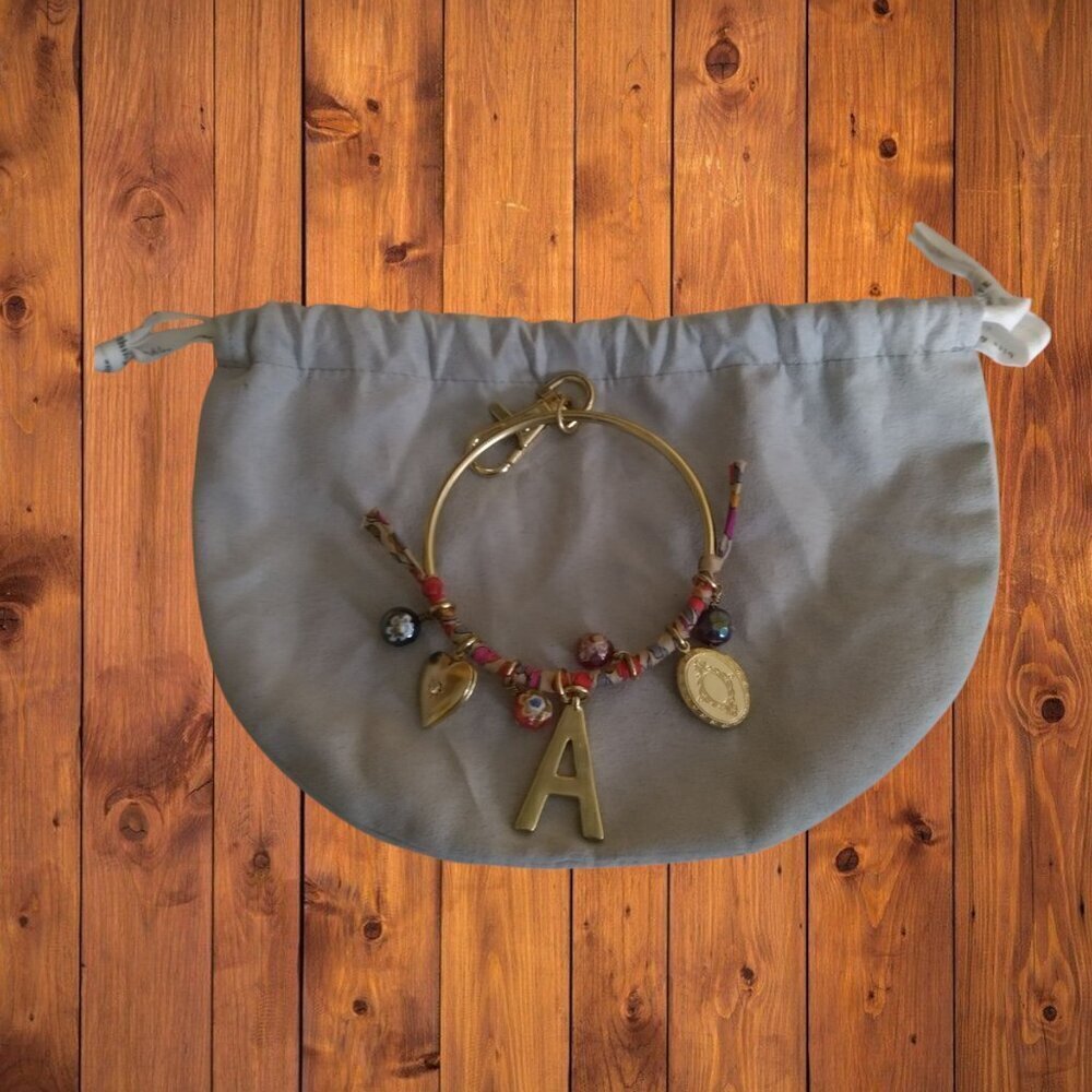ANTHROPOLOGIE Gold Tone Beaded Bangle Charm Bracelet "A" Lockets With Dust Bag